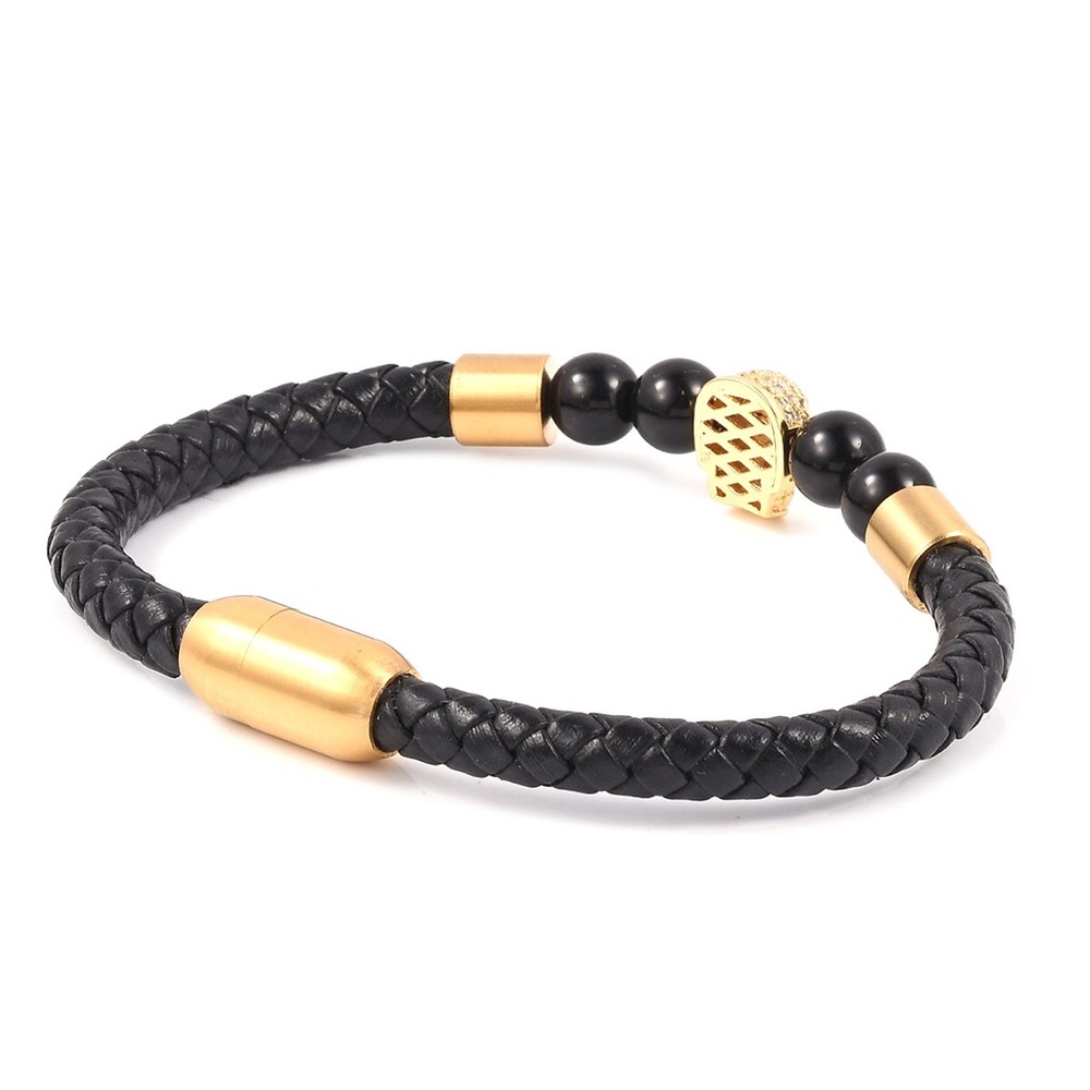GENUINE LEATHER SKULL BRACELET BLACK & GOLD - 8.5” - Picture 2 of 7